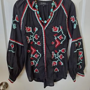 Anthropologie Black Boho Southwestern Aqua Red Embroidered Blouse Womens Size M